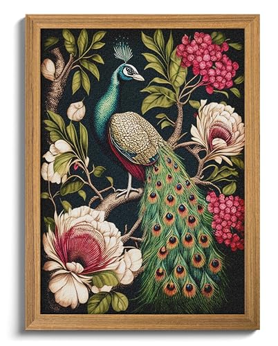 AKWISH Framed Vintage 3D Textured Wall Art Hand Drawn Sandstone Peacock Wall Decor Modern Farmhouse Decor Rural Botanical Floral Picture Painting Artwork for Living Room Bedroom 12x16 inch - Image 1