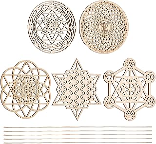 CHGCRAFT 5 Sets 5 Styles 3.9-3.94Inch Sacred Geometry Wall Art Crystal Grid Board Yoga Wall Decor Wooden Wall - Image 1