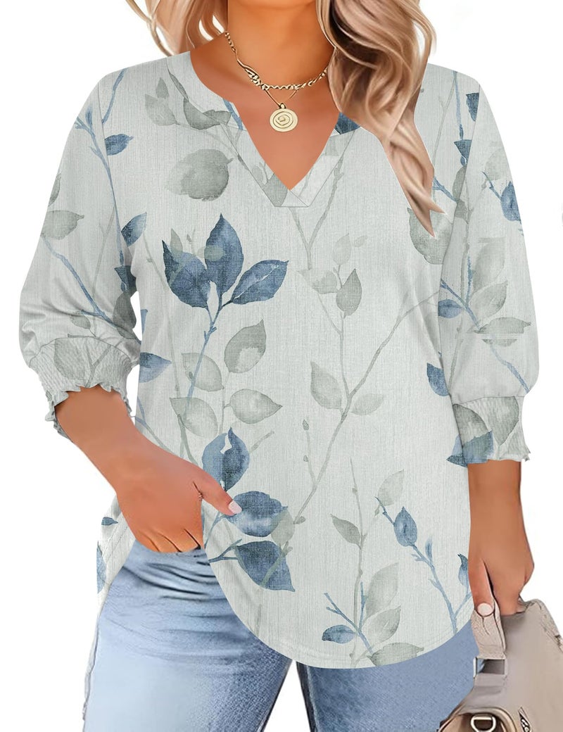TFSDOD Womens Blouses for Women Dressy Casual Plus Size Tunic Tops Women's 3/4 Sleeve Tops V Neck Smocked Blouses Spring Fashion for Women 5X - Image 1