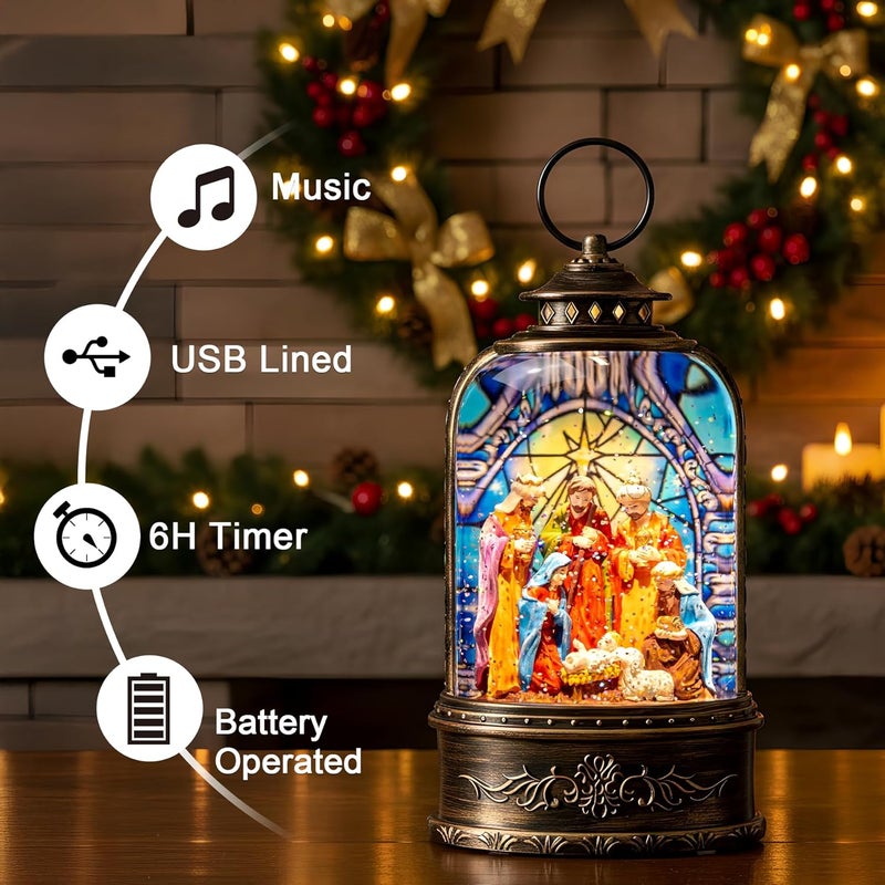 Solgicar Christmas Snow Globe Lantern, Lighted Nativity Scene Musical Water Lantern Play Silent Night Music in Swirling Glitter, Holiday Decorations Gifts for Family, Children or Friends - Image 2