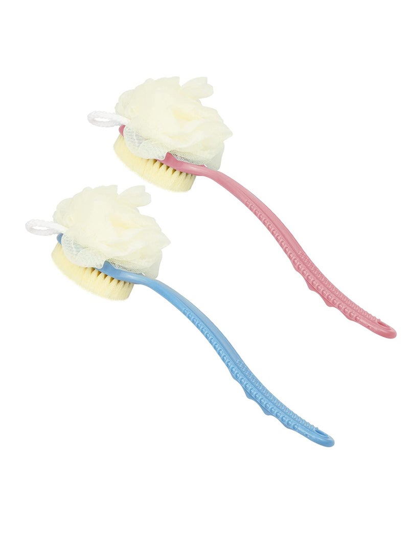 2 Pack Back Scrubber for Shower, Bath Sponge Shower Body Brush with Bristles and Loofah, Long Handle Exfoliating Men Women,Wet or Dry (Blue&Pink) - Image 1