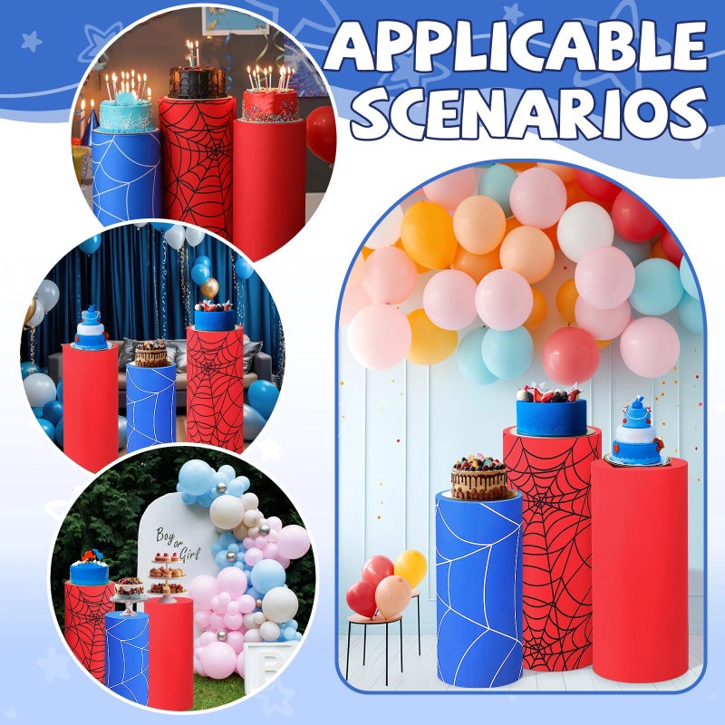 Mindsoft Set of 3 Spider Themed Spandex Cylinder Stand Covers for Carnival Party, Red Blue Cylinder Pedestal Cover, Dessert Table Display for Birthday Baby Shower Backdrop Decor(Spider) - Image 5