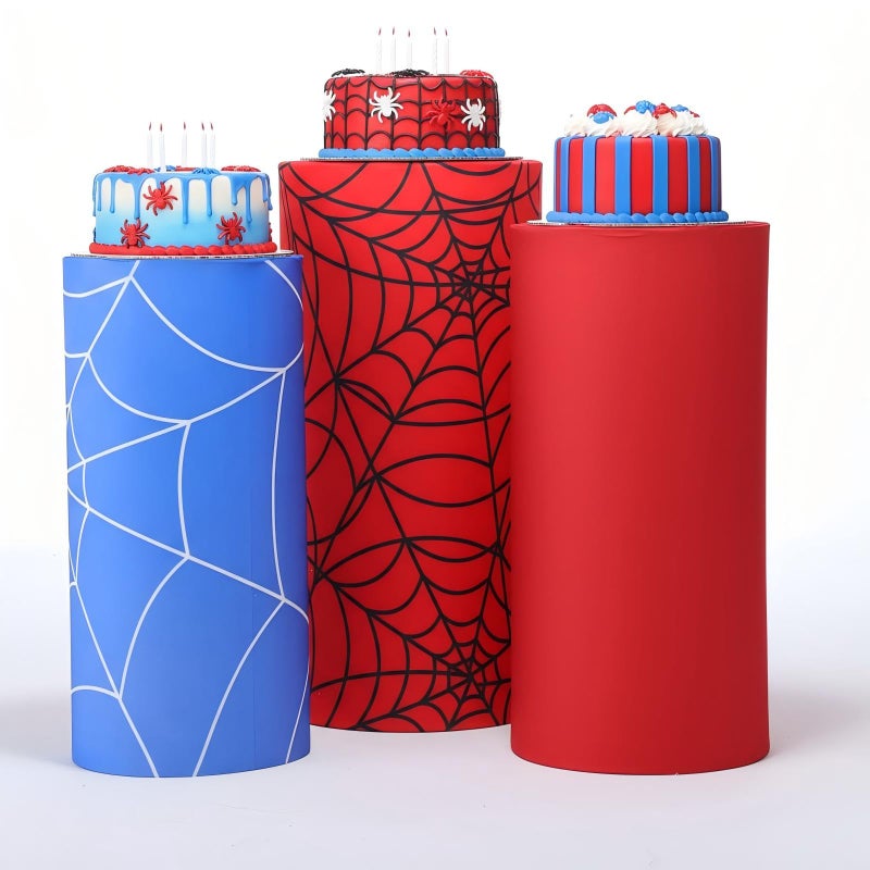 Mindsoft Set of 3 Spider Themed Spandex Cylinder Stand Covers for Carnival Party, Red Blue Cylinder Pedestal Cover, Dessert Table Display for Birthday Baby Shower Backdrop Decor(Spider) - Image 1