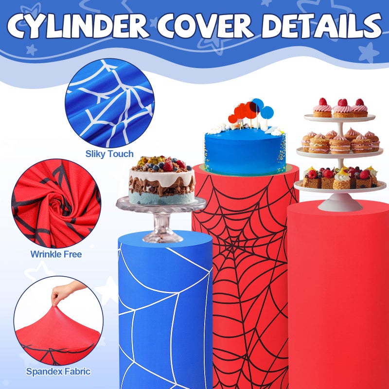 Mindsoft Set of 3 Spider Themed Spandex Cylinder Stand Covers for Carnival Party, Red Blue Cylinder Pedestal Cover, Dessert Table Display for Birthday Baby Shower Backdrop Decor(Spider) - Image 4