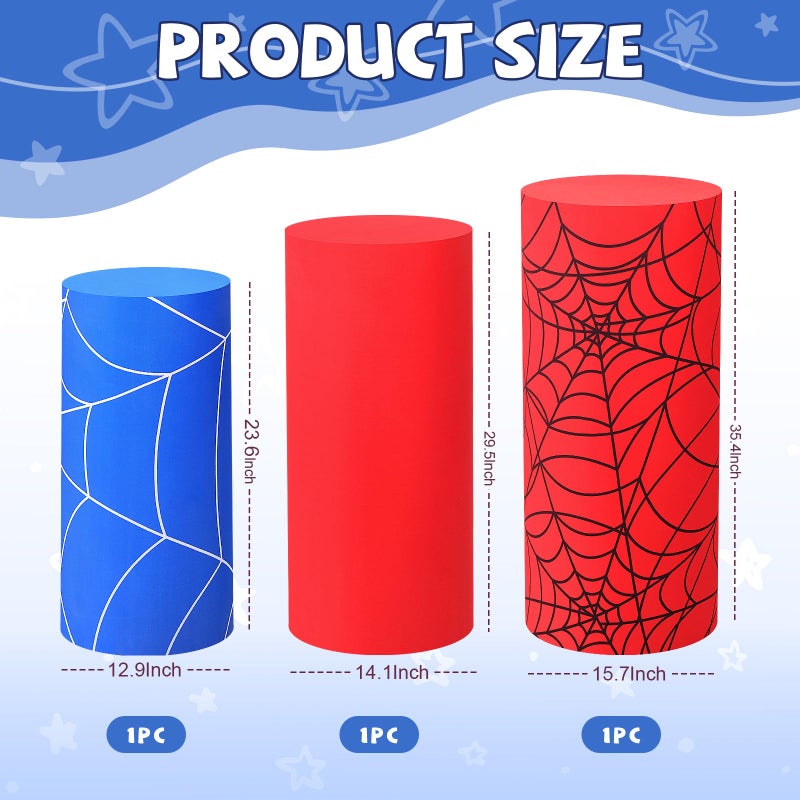 Mindsoft Set of 3 Spider Themed Spandex Cylinder Stand Covers for Carnival Party, Red Blue Cylinder Pedestal Cover, Dessert Table Display for Birthday Baby Shower Backdrop Decor(Spider) - Image 2