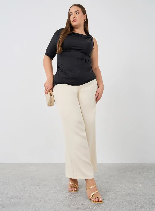 ستايلي بلوزة محبوكة بأكمام واحدة مقاس كبير ستايلي سادة