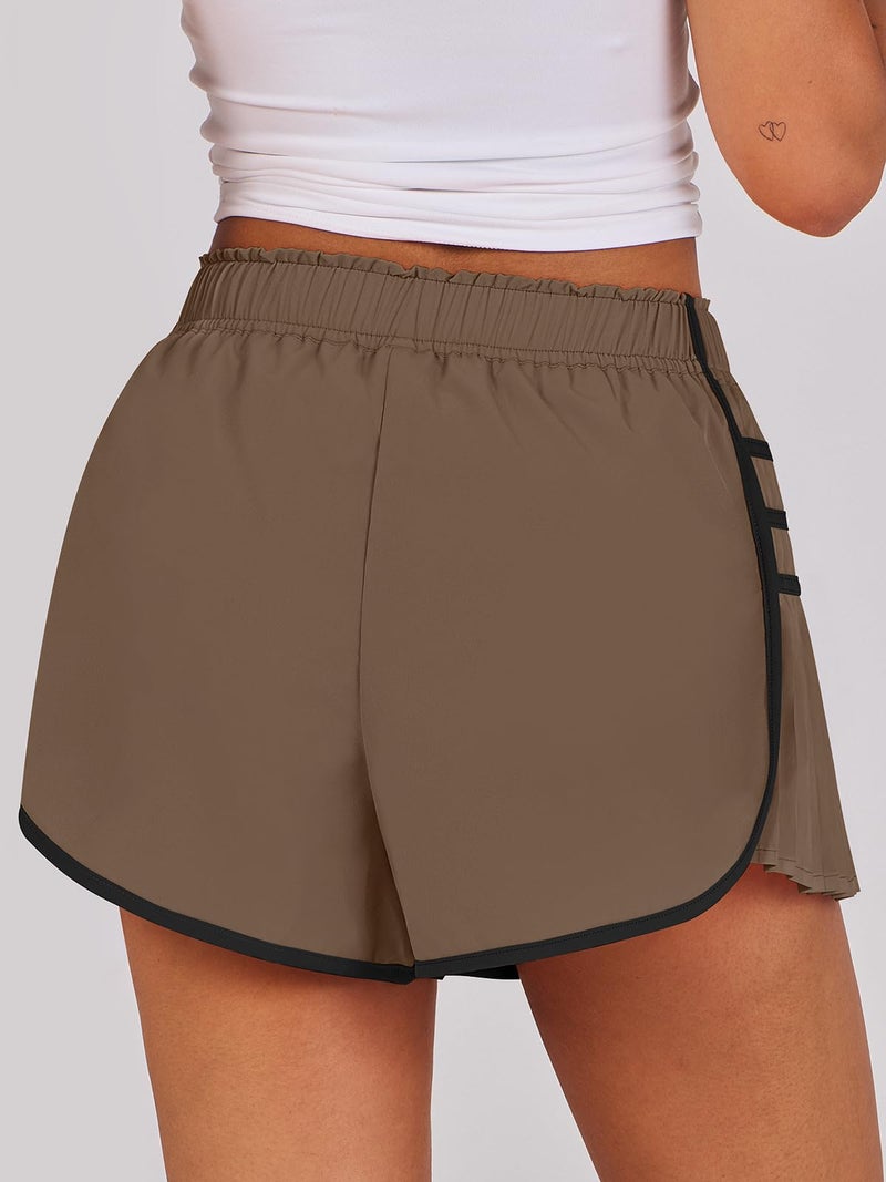 Caracilia Women Running Shorts Flowy Pleated Athletic Shorts Summer High Waisted Tennis Sporty Workout Gym Shorts Brown Small - Image 5