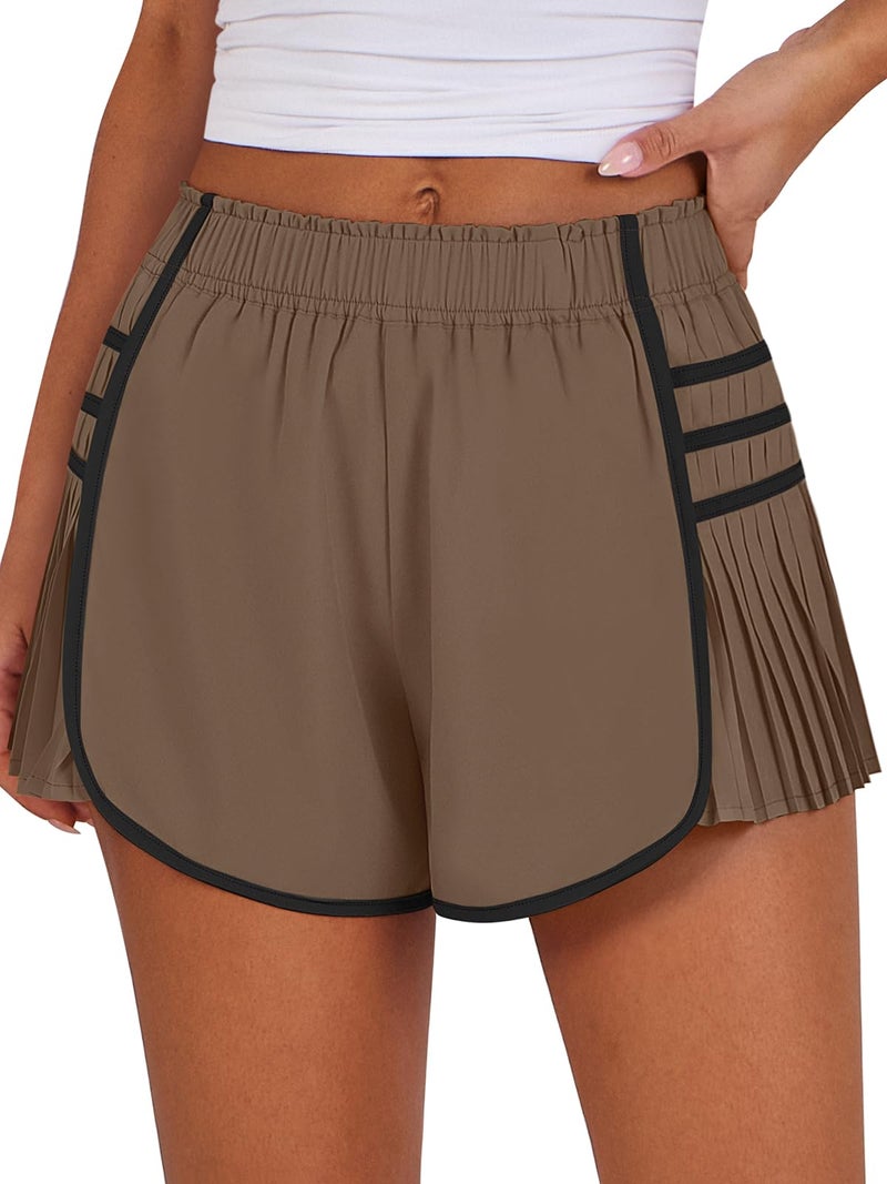 Caracilia Women Running Shorts Flowy Pleated Athletic Shorts Summer High Waisted Tennis Sporty Workout Gym Shorts Brown Small - Image 1