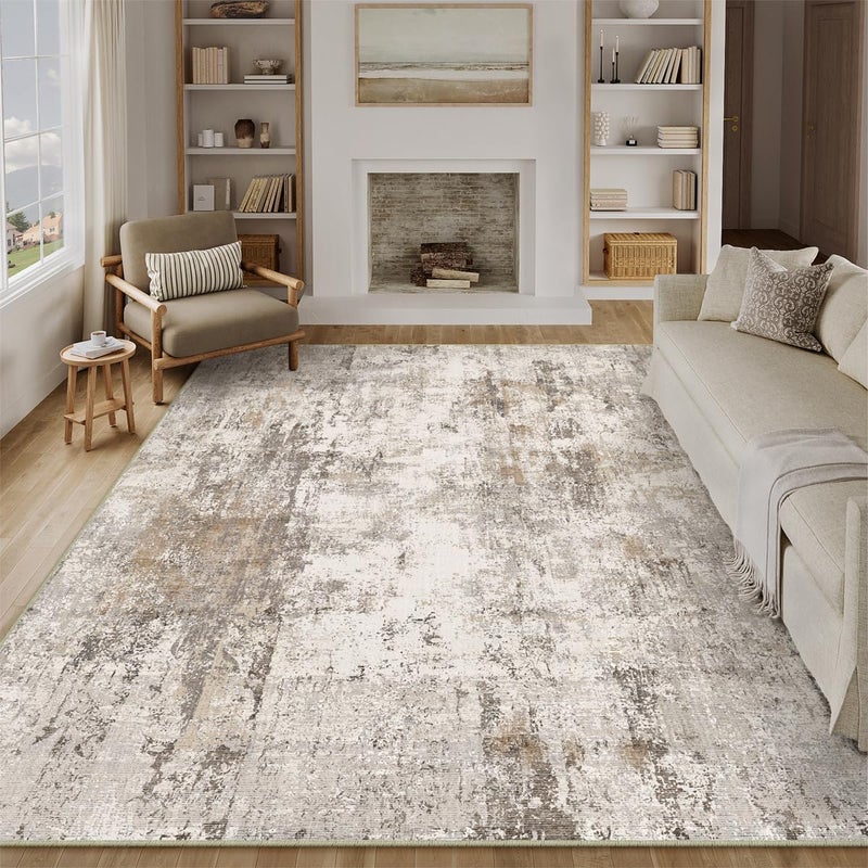 WondRg 8x10 Washable Area Rug Brown Grey Abstract Living Room Bedroom Carpet Neutral Modern Non Slip Soft Low Pile Indoor Large Throw Rug for Dining Room Office - Image 4