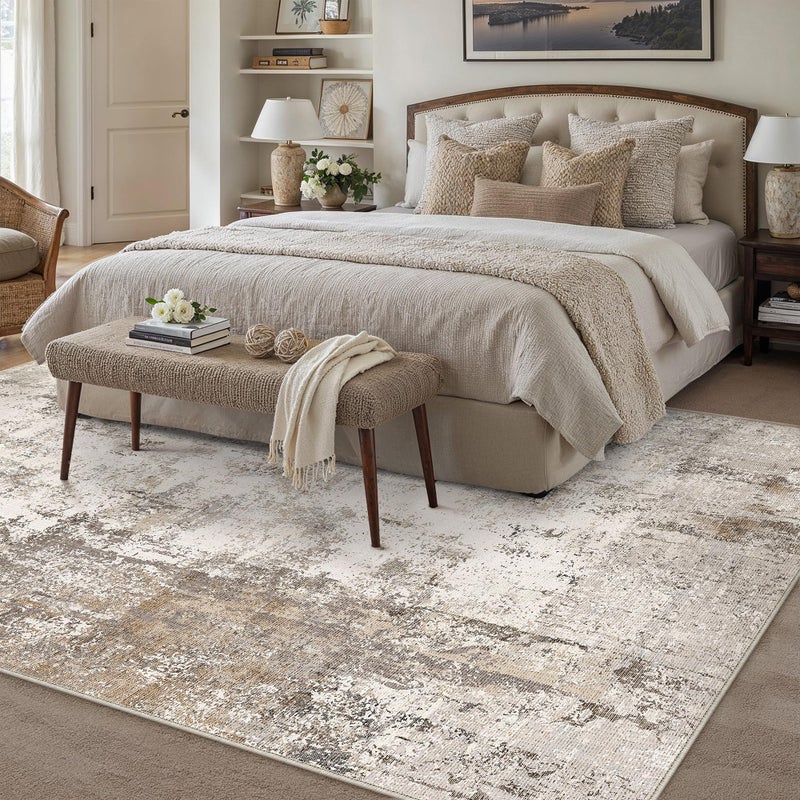 WondRg 8x10 Washable Area Rug Brown Grey Abstract Living Room Bedroom Carpet Neutral Modern Non Slip Soft Low Pile Indoor Large Throw Rug for Dining Room Office - Image 3