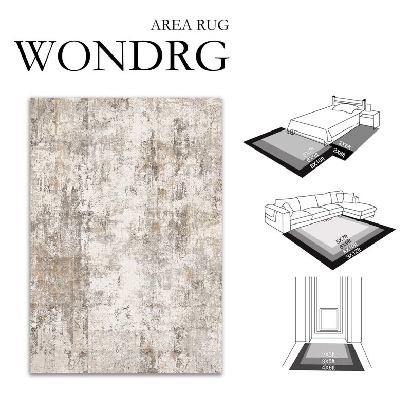 WondRg 8x10 Washable Area Rug Brown Grey Abstract Living Room Bedroom Carpet Neutral Modern Non Slip Soft Low Pile Indoor Large Throw Rug for Dining Room Office - Image 2