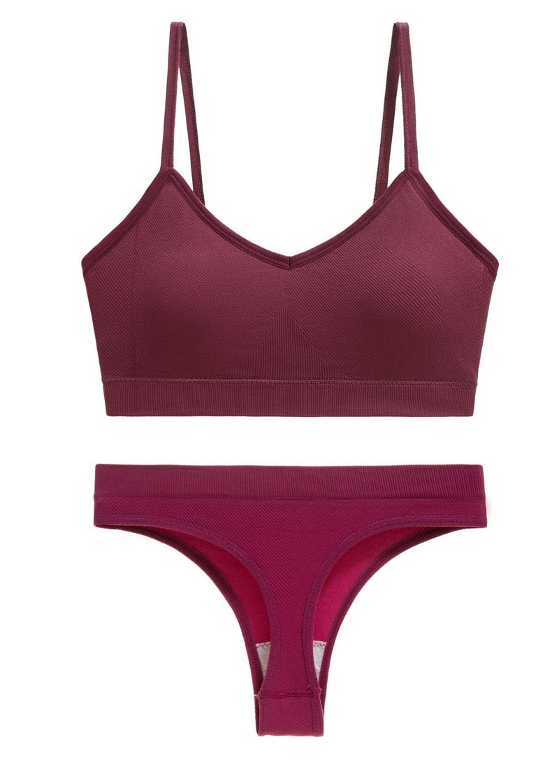 Loquat Women's Solid Color Lingerie Set 2-piece Seamless Wireless Bra+Low Waisted Thong Shorts Sport Suit Wine Red 