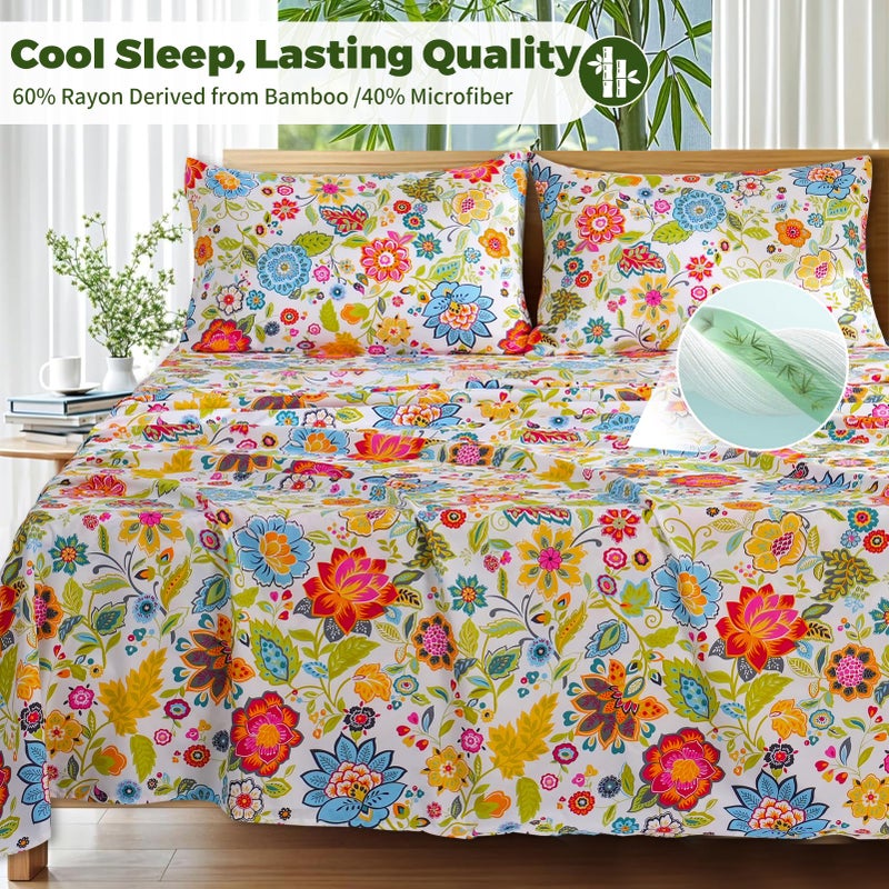 Bedlifes King Floral 4-Piece Sheet Set - Cooling Sheets Blend Rayon Derived from Bamboo,Soft & Breathable, Deep Pocket 16", Wrinkle Resistant - Vibrant Boho Floral Spring Design - Image 2