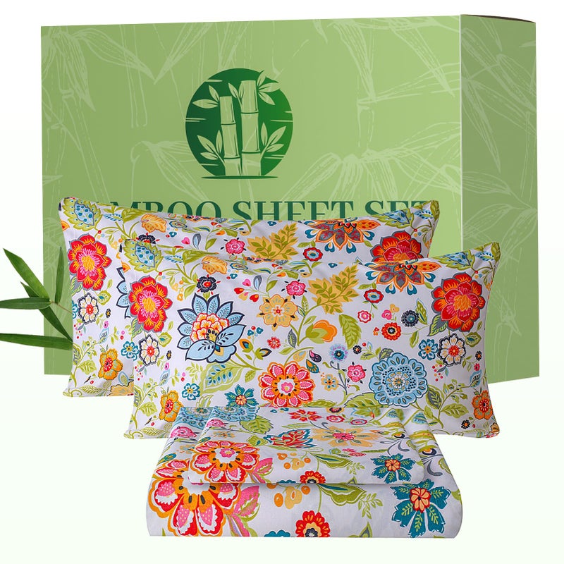 Bedlifes King Floral 4-Piece Sheet Set - Cooling Sheets Blend Rayon Derived from Bamboo,Soft & Breathable, Deep Pocket 16", Wrinkle Resistant - Vibrant Boho Floral Spring Design - Image 1