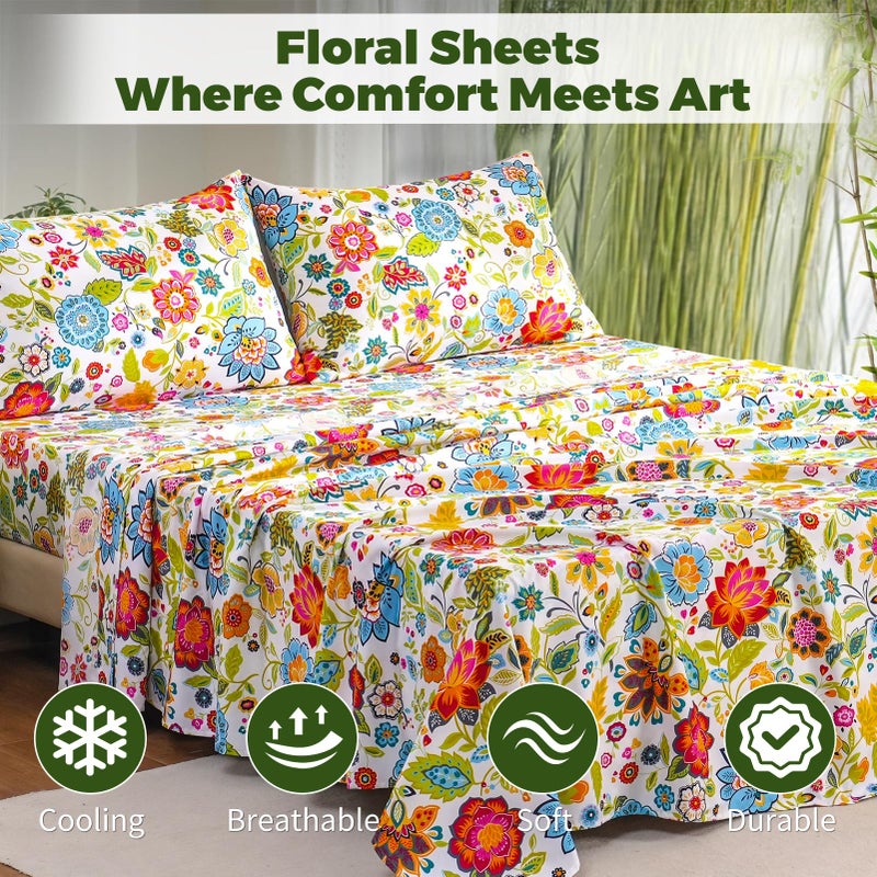 Bedlifes King Floral 4-Piece Sheet Set - Cooling Sheets Blend Rayon Derived from Bamboo,Soft & Breathable, Deep Pocket 16", Wrinkle Resistant - Vibrant Boho Floral Spring Design - Image 3