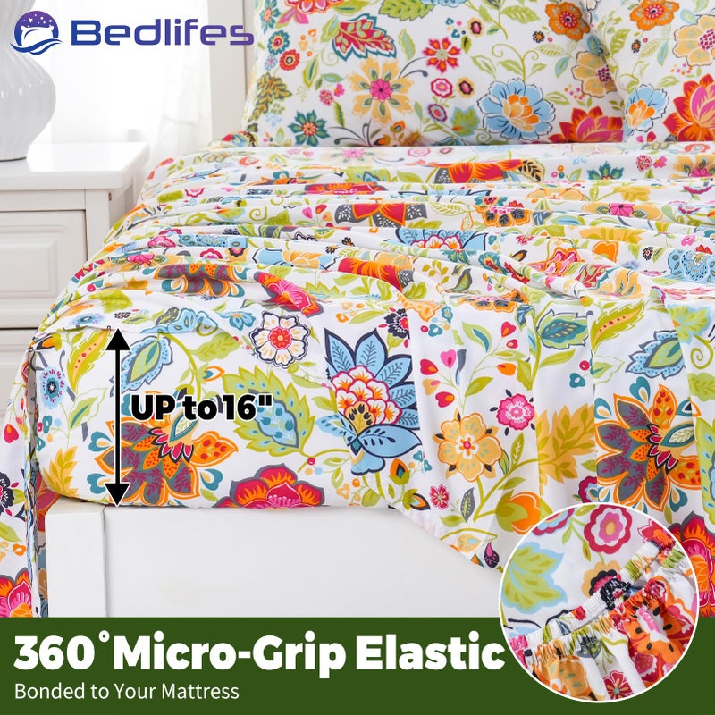 Bedlifes King Floral 4-Piece Sheet Set - Cooling Sheets Blend Rayon Derived from Bamboo,Soft & Breathable, Deep Pocket 16", Wrinkle Resistant - Vibrant Boho Floral Spring Design - Image 4