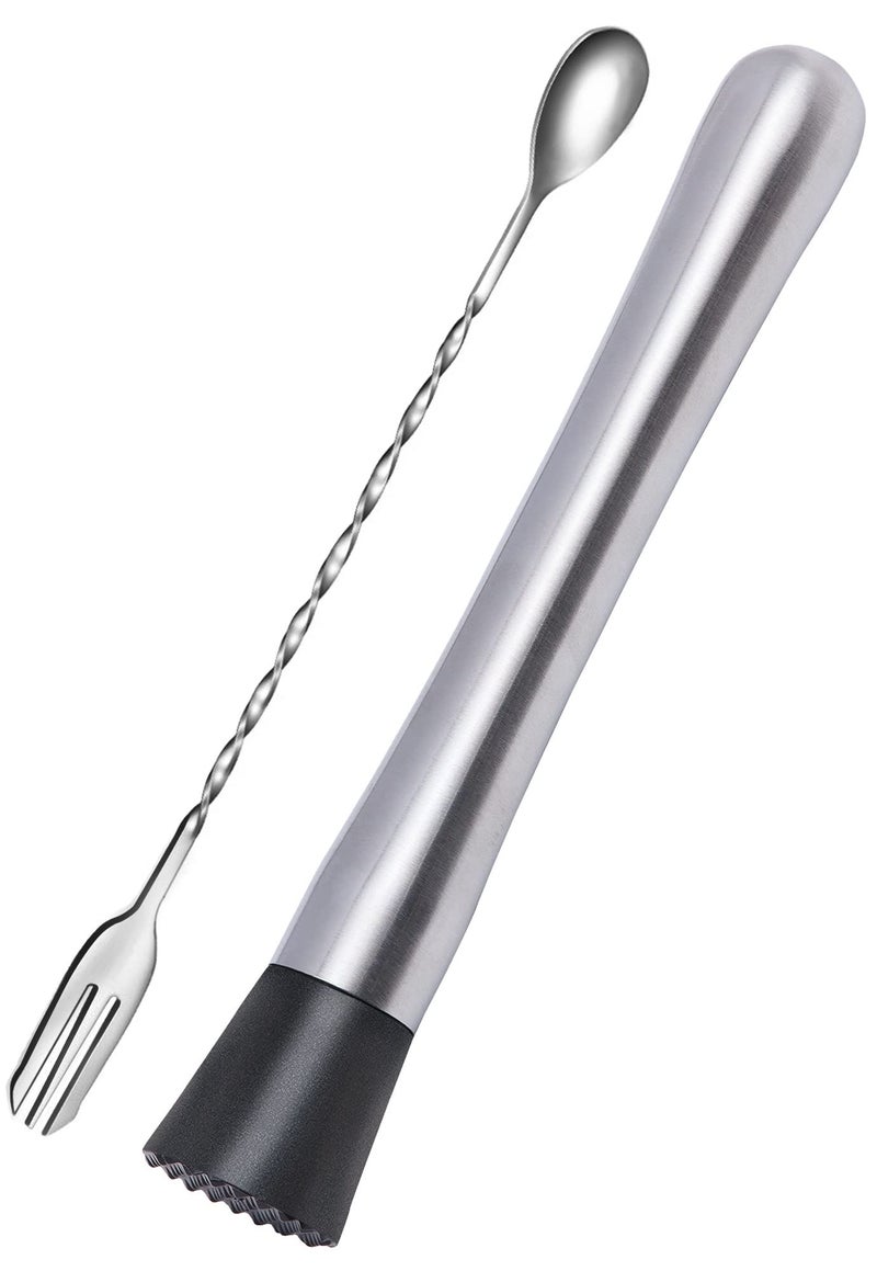 Ortarco 10 Inch Stainless Steel Muddler for Cocktail and 10 Inch Mixing Bar Spoon, 2 Pices Home Bar Tool Set - Image 1