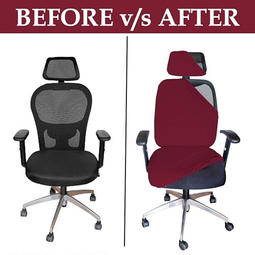 HOTKEI 3 Piece Maroon Office Chair Cover with Headrest Cover 200GSM Fabric Stretchable Removable Stain Proof Computer Desk Executive Rotating Chair Seat Covers Slipcover Protector for Office Chair - Image 5