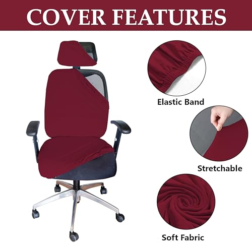 HOTKEI 3 Piece Maroon Office Chair Cover with Headrest Cover 200GSM Fabric Stretchable Removable Stain Proof Computer Desk Executive Rotating Chair Seat Covers Slipcover Protector for Office Chair - Image 4