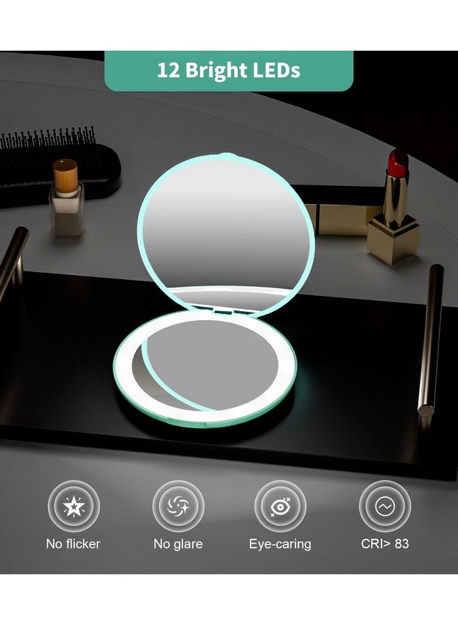 wobsion Led Lighted Travel Makeup Mirror, 1X/10X Magnification, Compact, Portable For Handbag, Purse, Pocket, 3.5 Inch Illuminated, Folding, Handheld, 2-Sided , Round, Cyan - Image 2