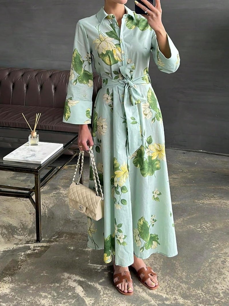 Women's Elegant Floral Print Shirt Dress Long Sleeve Maxi Dress with Belt and Button Front Design - Image 1