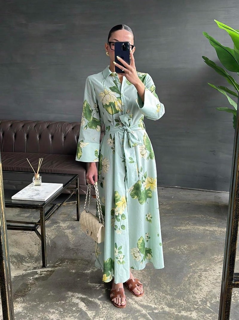Women's Elegant Floral Print Shirt Dress Long Sleeve Maxi Dress with Belt and Button Front Design - Image 3