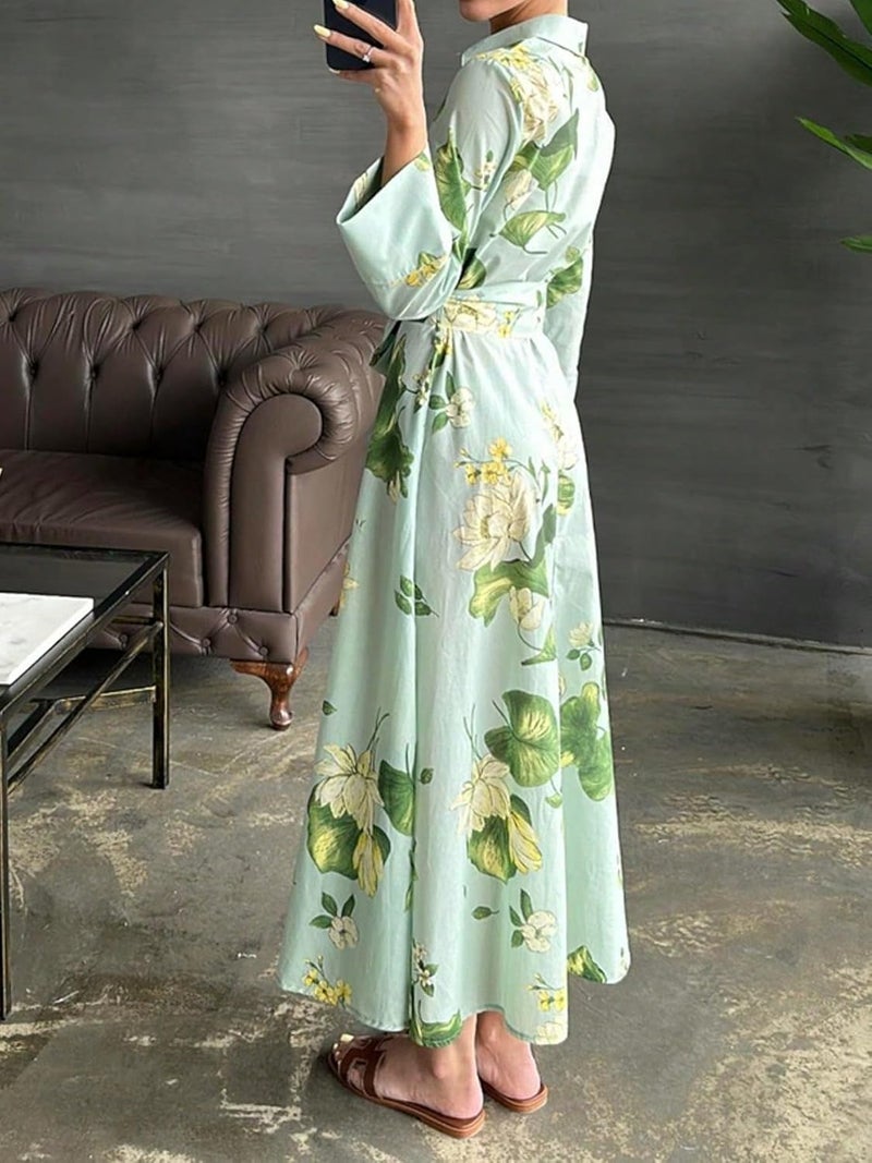 Women's Elegant Floral Print Shirt Dress Long Sleeve Maxi Dress with Belt and Button Front Design - Image 2