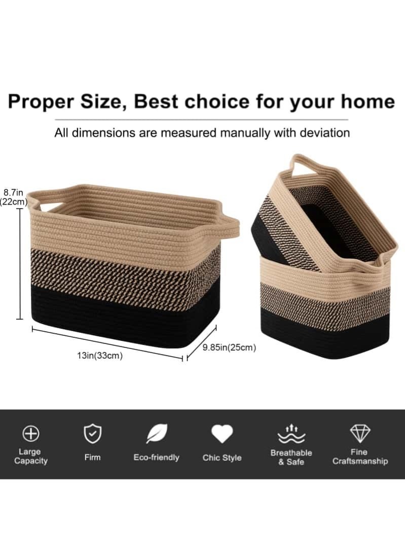 3 PCS Woven Cotton Rope Storage Baskets for Bathroom Towels, Nursery Toys & Closet Organization, Soft & Durable Organizer 33×25×22 (Black & Brown) - Image 4
