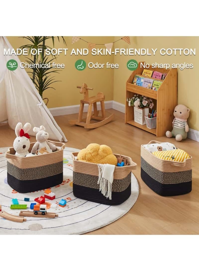 3 PCS Woven Cotton Rope Storage Baskets for Bathroom Towels, Nursery Toys & Closet Organization, Soft & Durable Organizer 33×25×22 (Black & Brown) - Image 3