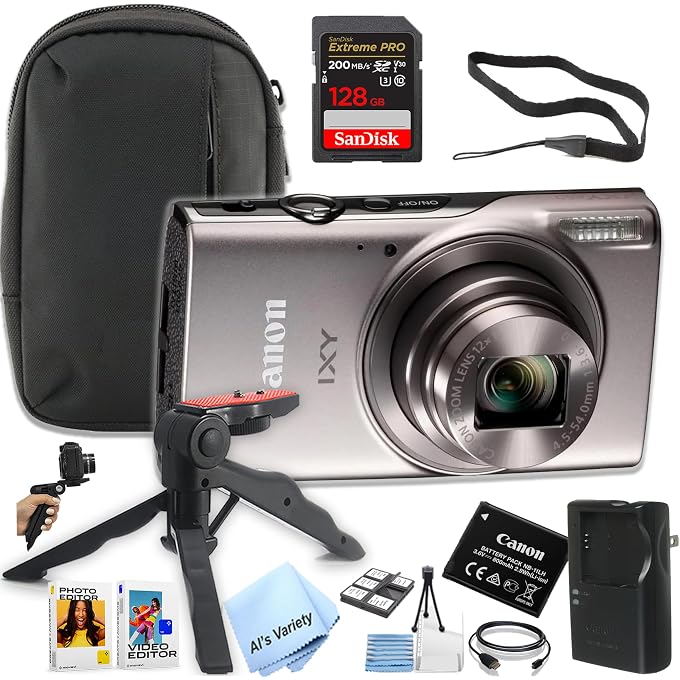 Canon PowerShot IXY 650 (ELPH 360) HS Digital Camera (Silver) + 128GB Extreme PRO Memory + Case, Grip, Software Pack (Essential Bundle) (Renewed), Black - Image 1