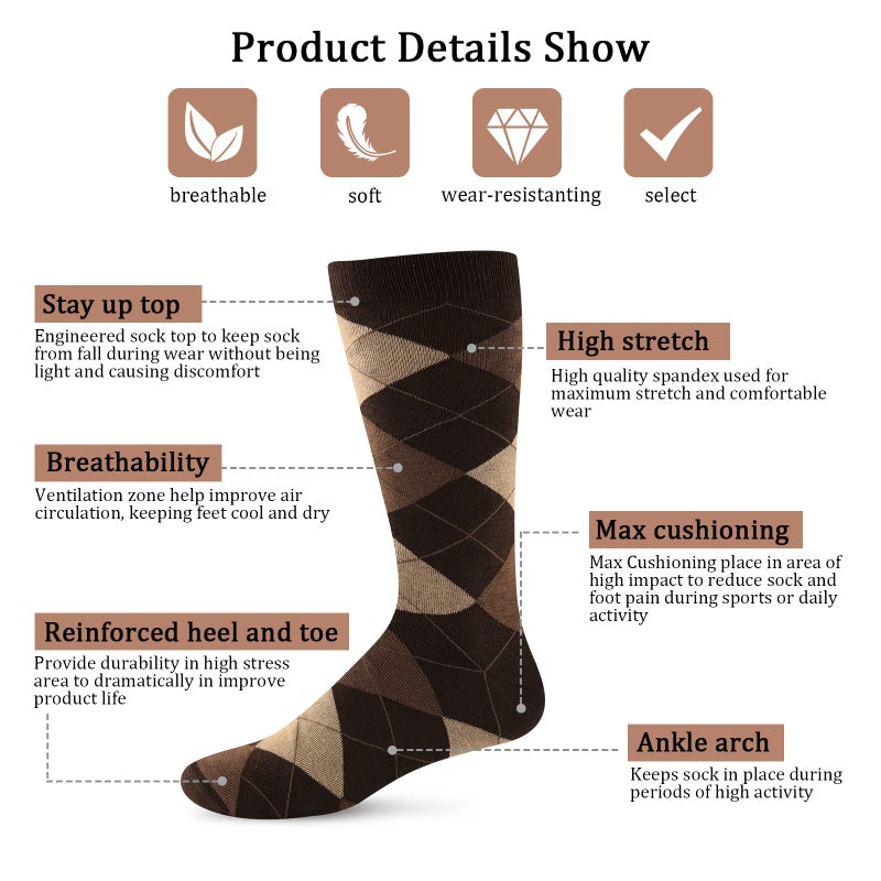 Yousu Mens Dress Socks Business Casual Solid Pattern Cotton Crew Sock 6 Pairs Pattern Brown - Image 2