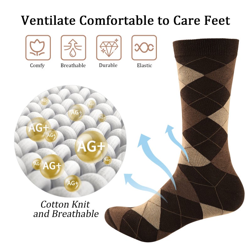 Yousu Mens Dress Socks Business Casual Solid Pattern Cotton Crew Sock 6 Pairs Pattern Brown - Image 3