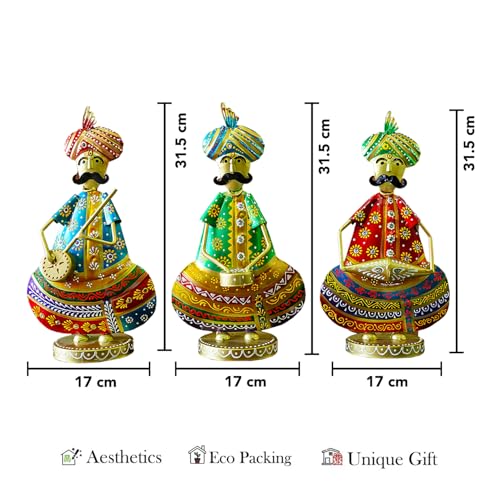 Ekhasa Nostrae Metal Show Pieces for Home Decor | Gift Items for Showcase, TV Unit Decor | Statue, Figurines, Artifacts for Table, Living Room Decor Items (Rajasthani Sardar Musicans - Set of 3) - Image 2