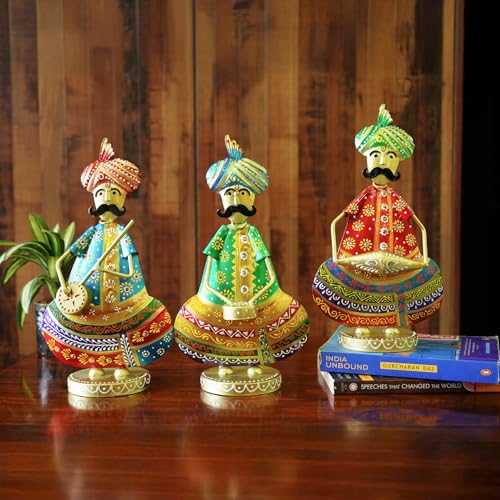 Ekhasa Nostrae Metal Show Pieces for Home Decor | Gift Items for Showcase, TV Unit Decor | Statue, Figurines, Artifacts for Table, Living Room Decor Items (Rajasthani Sardar Musicans - Set of 3) - Image 1