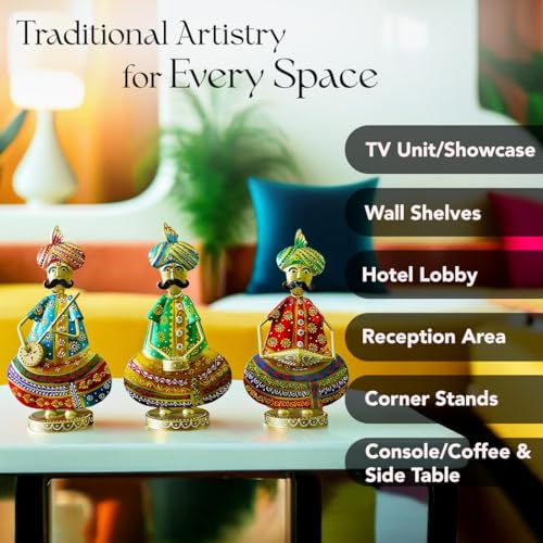 Ekhasa Nostrae Metal Show Pieces for Home Decor | Gift Items for Showcase, TV Unit Decor | Statue, Figurines, Artifacts for Table, Living Room Decor Items (Rajasthani Sardar Musicans - Set of 3) - Image 5