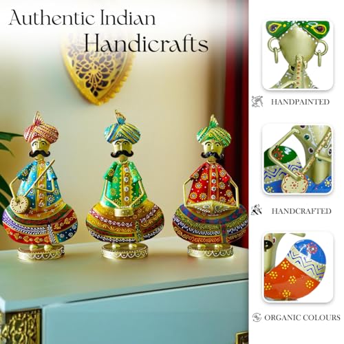 Ekhasa Nostrae Metal Show Pieces for Home Decor | Gift Items for Showcase, TV Unit Decor | Statue, Figurines, Artifacts for Table, Living Room Decor Items (Rajasthani Sardar Musicans - Set of 3) - Image 4