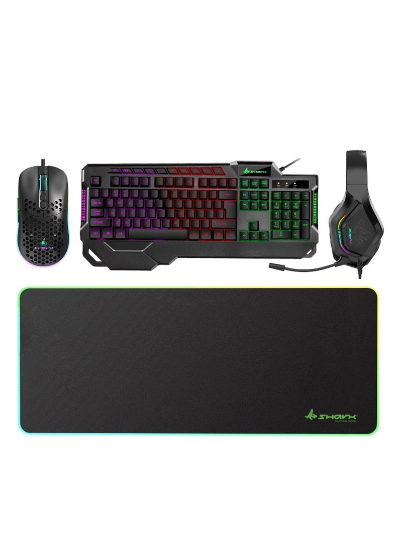 SHARX SHARX (JS4X1) 4-in-1 Combo: Gaming Keyboard (Backlight, EN/AR, 104 Keys), Gaming Mouse (RGB, 7200 DPI, 700FPS), Headset (RGB, 50mm Speakers, Noise Canceling Mic), RGB Mouse Pad (800x400mm).  - Image 1
