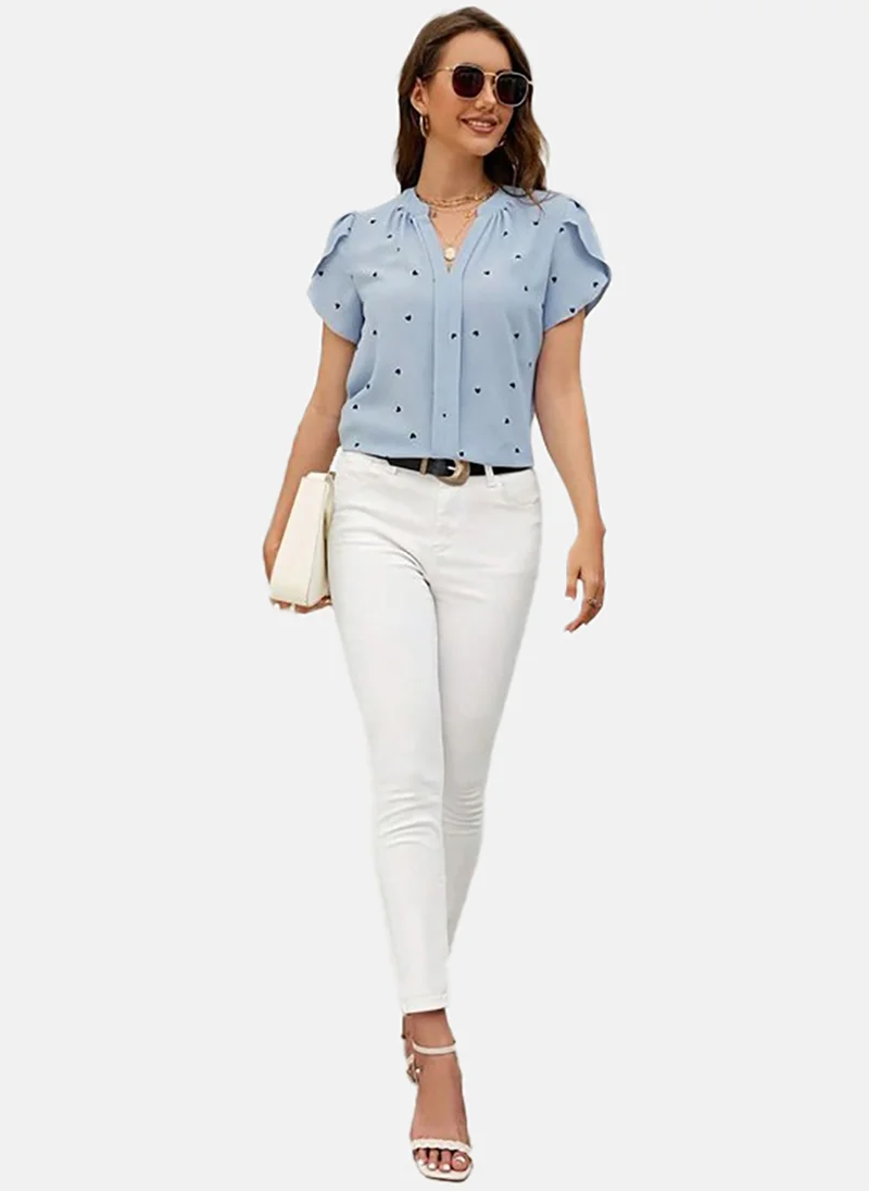 YUNIQEE Blue Graphic V-Neck Puff Sleeve Top