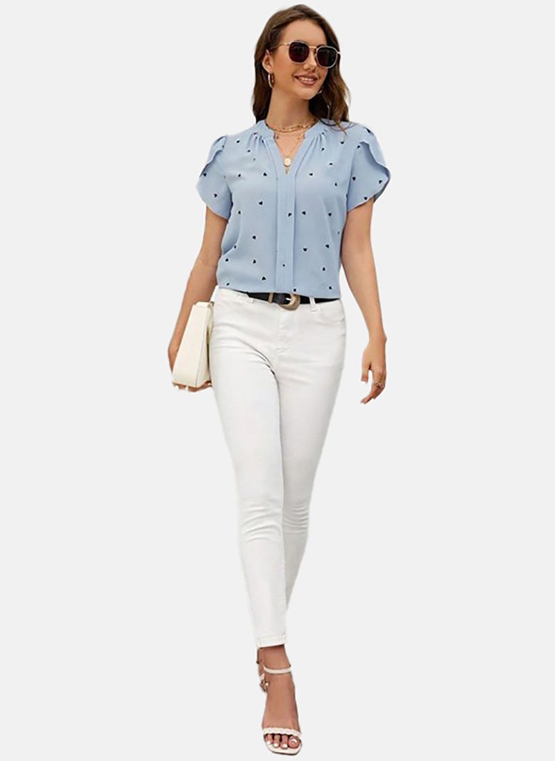 يونيكي Blue Graphic V-Neck Puff Sleeve Top - Image 1