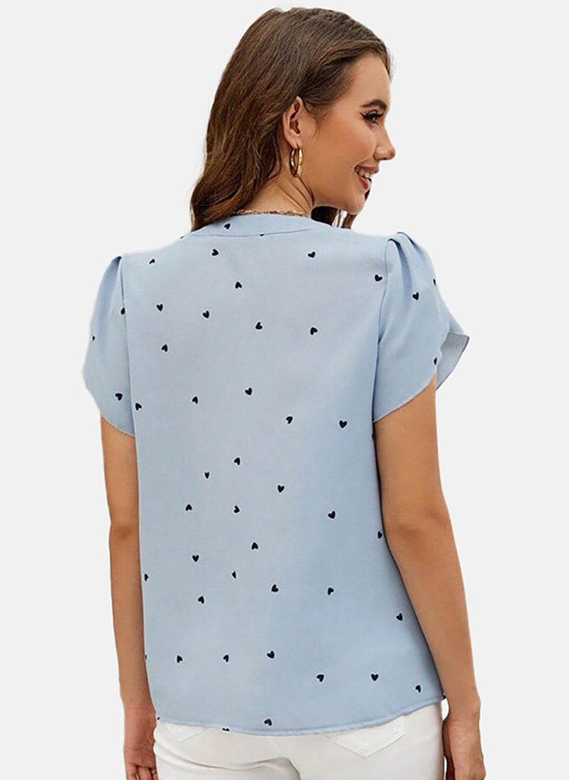 يونيكي Blue Graphic V-Neck Puff Sleeve Top - Image 4