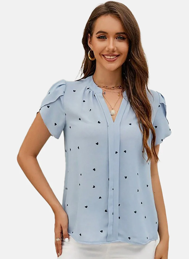 YUNIQEE Blue Graphic V-Neck Puff Sleeve Top