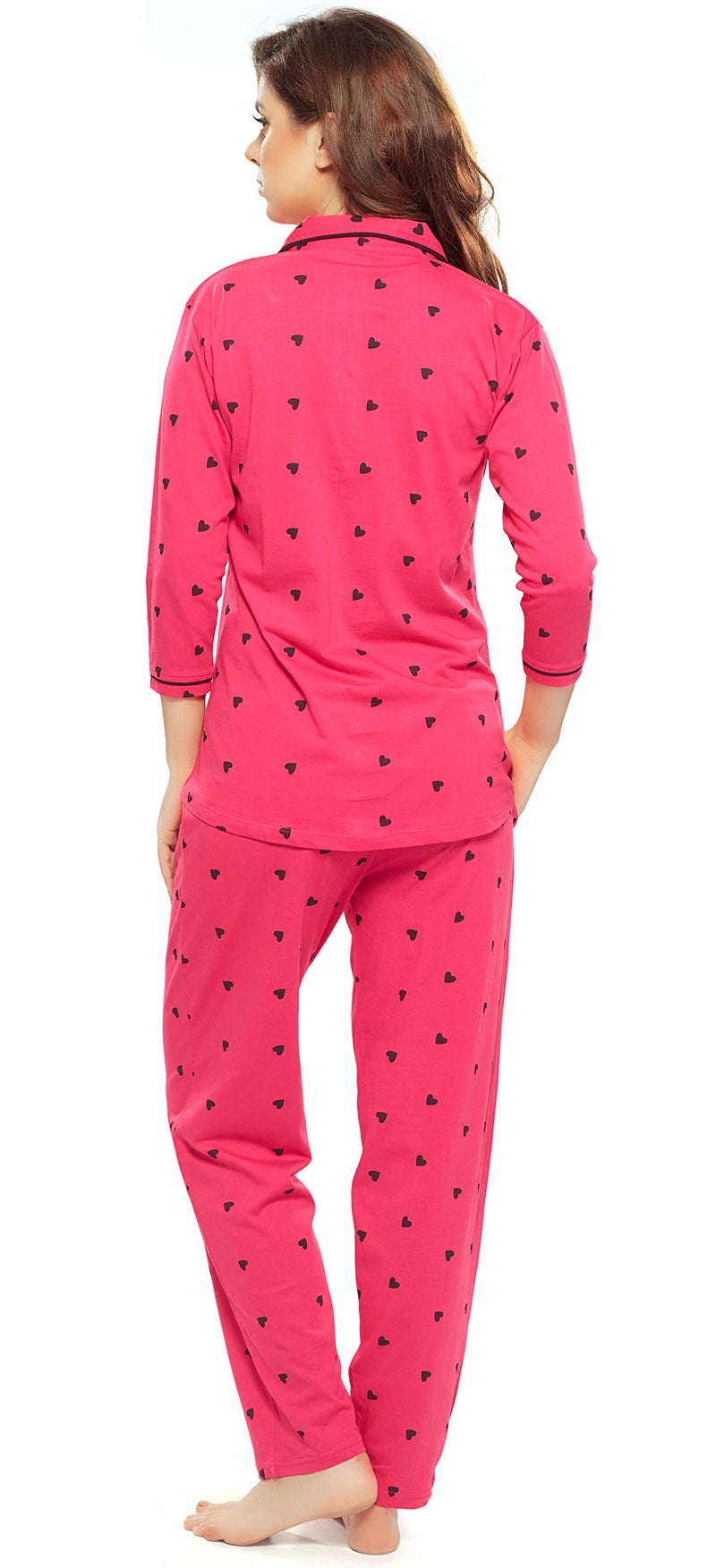 ZEYO Women's Cotton Heart Printed Dark Pink Night Suit Shirt & Pajama Set 5152 (Large) - Image 3