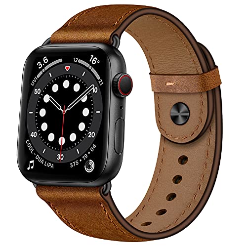 OUHENG Leather Bands Compatible with Apple Watch Band 49mm/46mm/45mm/44mm/42mm, Genuine Leather Strap for iWatch Ultra 3/2/1 & SE 3/2/1 Series 11 10 9 8 7 6 5 4 3 2 1 (Retro Brown/Black) - Image 1