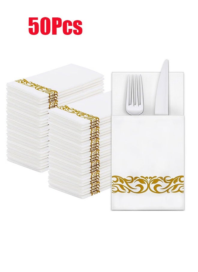 Bukela 50 Pieces Disposable Cloth Like Napkins, Built-in Flatware Pocket, Wedding Party Linen Feel White Napkin, Prefolded for Silverware  - Image 1
