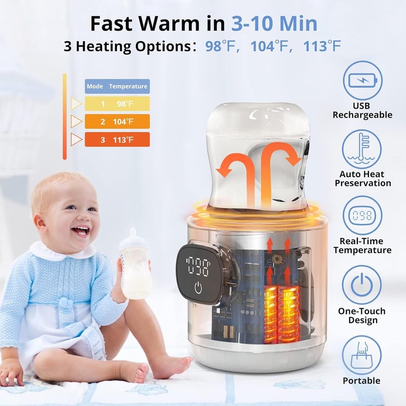 OMTech Bottle Warmer Fast Heating Portable Bottle Warmer with 2 Adapters Smart Temperature Control LCD Display LeakProof Cordless Baby Bottle Warmer for Breastmilk or Formula - Image 4