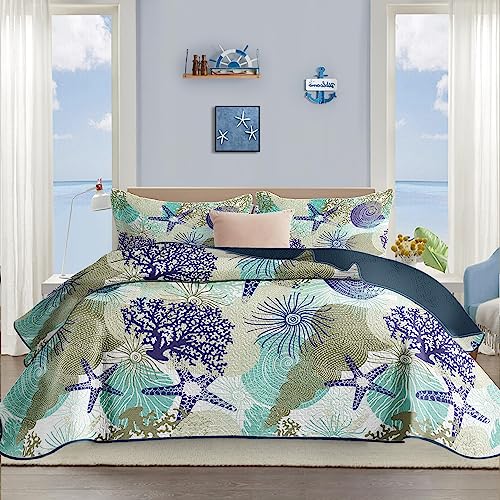 Tritard 3 Piece Coastal Quilt Sets Full/Queen Size - Reversible Microfiber Quilts with 2 Shams Soft Lightweight Beach Bedding Nautical Bedspread Coverlet Summer Comforter for All Season, 90''x96'', C6 - Image 1