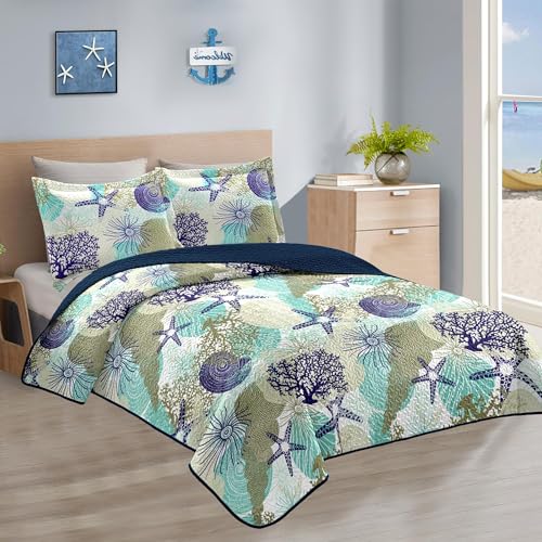 Tritard 3 Piece Coastal Quilt Sets Full/Queen Size - Reversible Microfiber Quilts with 2 Shams Soft Lightweight Beach Bedding Nautical Bedspread Coverlet Summer Comforter for All Season, 90''x96'', C6 - Image 2