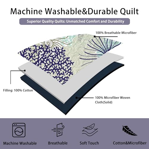 Tritard 3 Piece Coastal Quilt Sets Full/Queen Size - Reversible Microfiber Quilts with 2 Shams Soft Lightweight Beach Bedding Nautical Bedspread Coverlet Summer Comforter for All Season, 90''x96'', C6 - Image 5