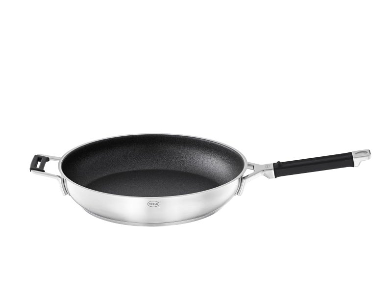 Rsle Silence Pro Frying Pan with ScratchResistant Premium NonStick Coating ProResist Silicone Handle 32 cm 1810 Stainless Steel Suitable for Induction Dishwasher Safe SilverBlack