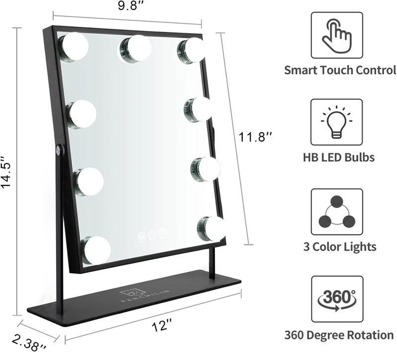FENCHILIN Hollywood Mirror with Light 12.0W'' * 14.5L'' Lighted Makeup Mirror Vanity Makeup Mirror Smart Touch Control 3 Colors Dimable Light Detachable 10X Magnification 360°Rotation(Black) - Image 2